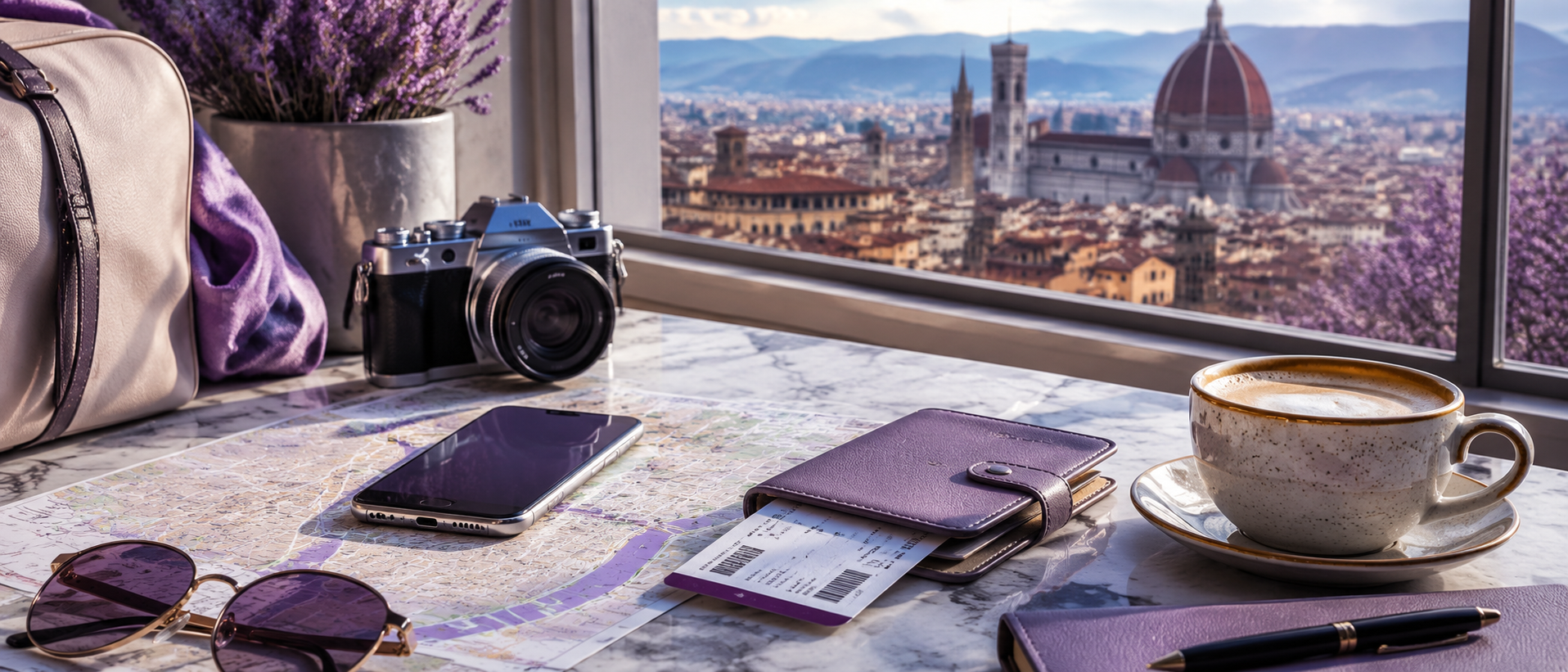 Viagens com mala aberta, roupas, passaporte e vista para o mar