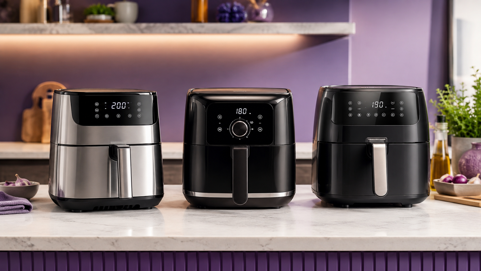 Comparativos de air fryers de marcas diferentes em cozinha moderna