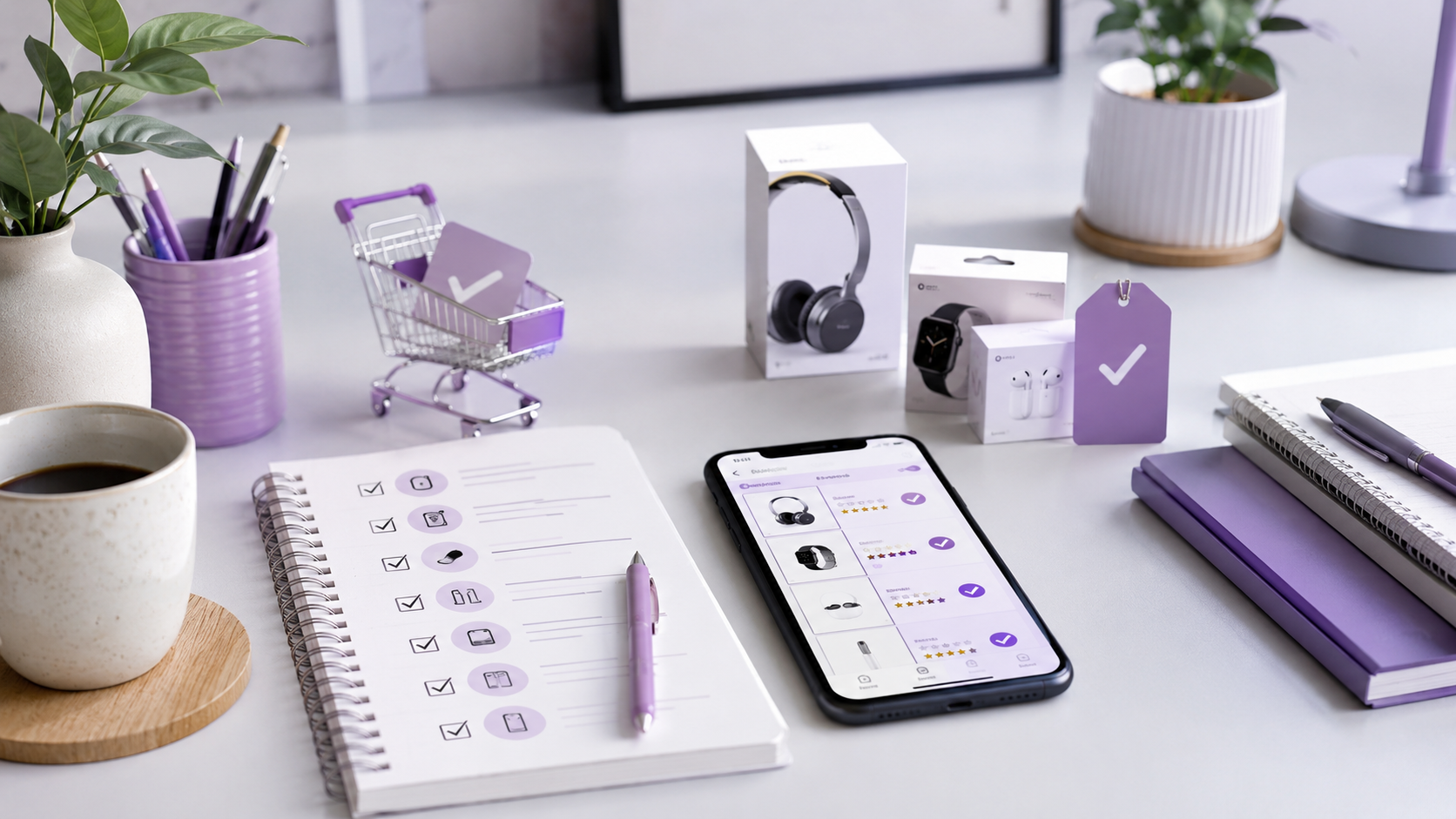 Guias de compra com notebook, tabela de comparação, produtos e etiquetas de preço