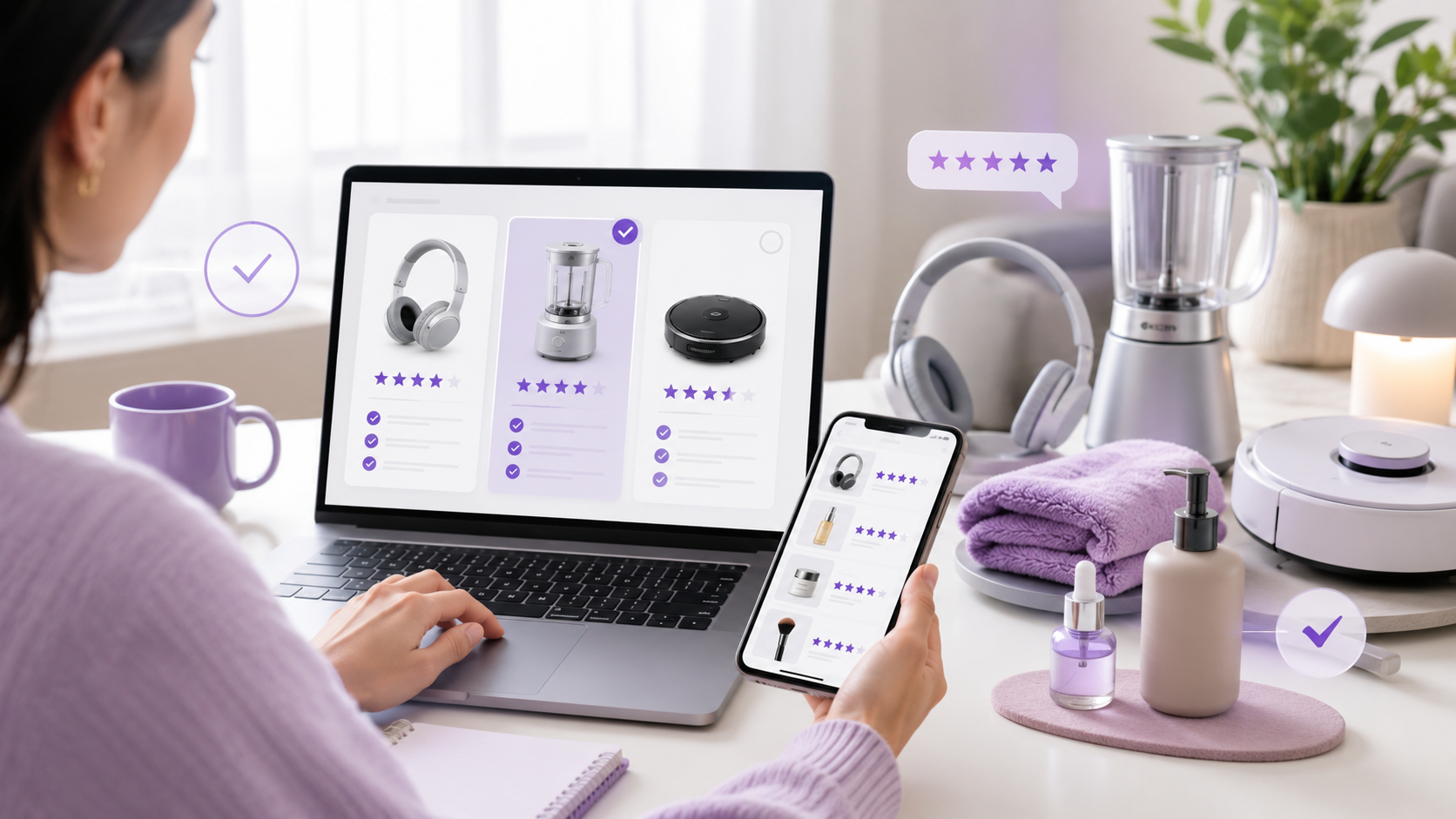 Guias de compra com tablet, produtos variados, recibos e análise de custo-benefício