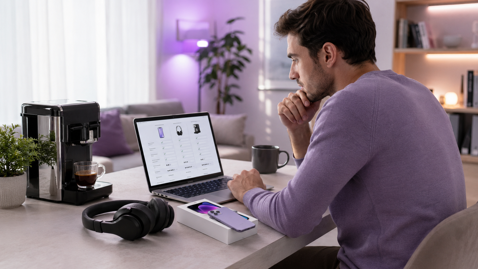 Antes de comprar com pessoa analisando produtos e comparativo no notebook