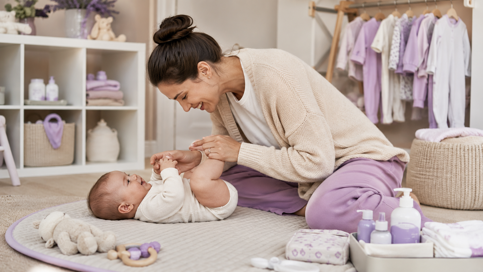 Maternidade com mãe, bebê e produtos infantis em ambiente acolhedor