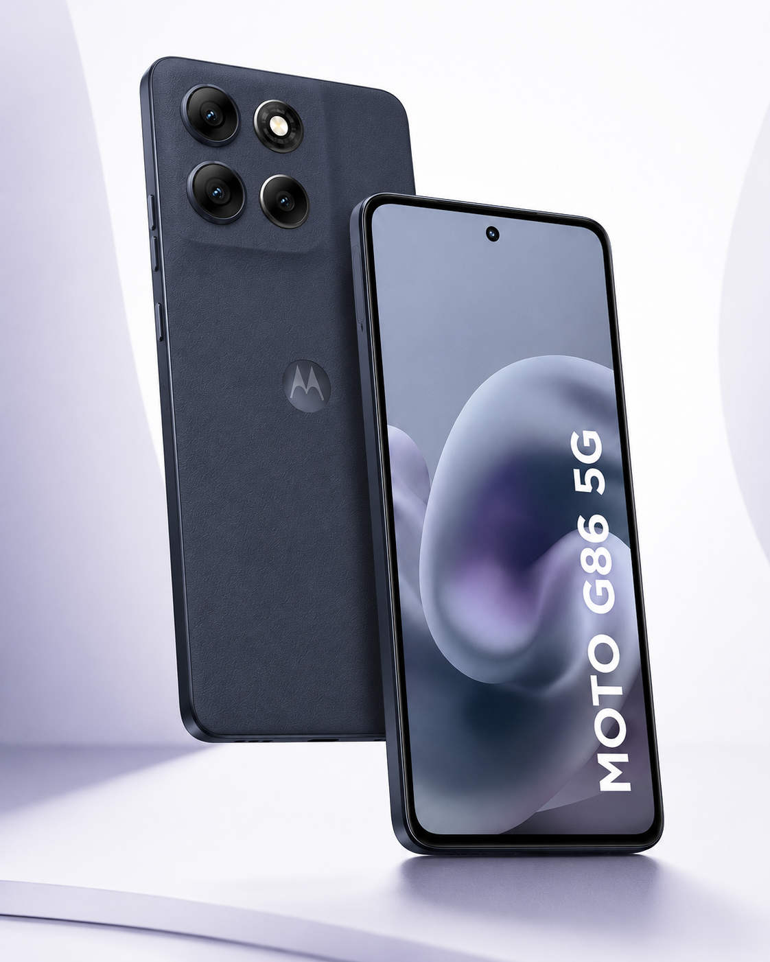 Moto G86 5G em imagem isolada com logo Motorola e tela do aparelho