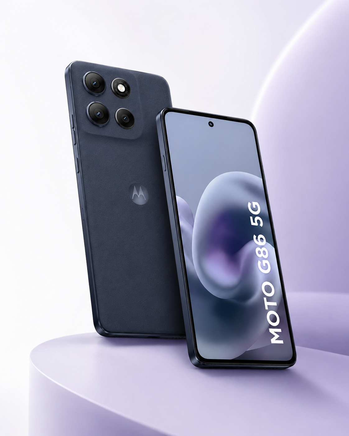 Moto G86 5G em fundo lavanda destacando design e construção