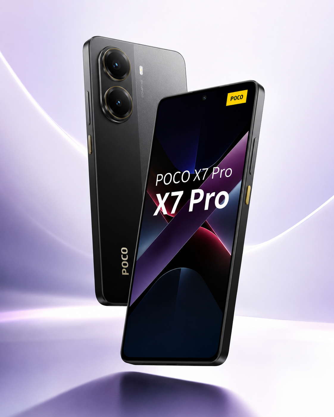 POCO X7 Pro para jogos com design amarelo e preto em fundo lavanda