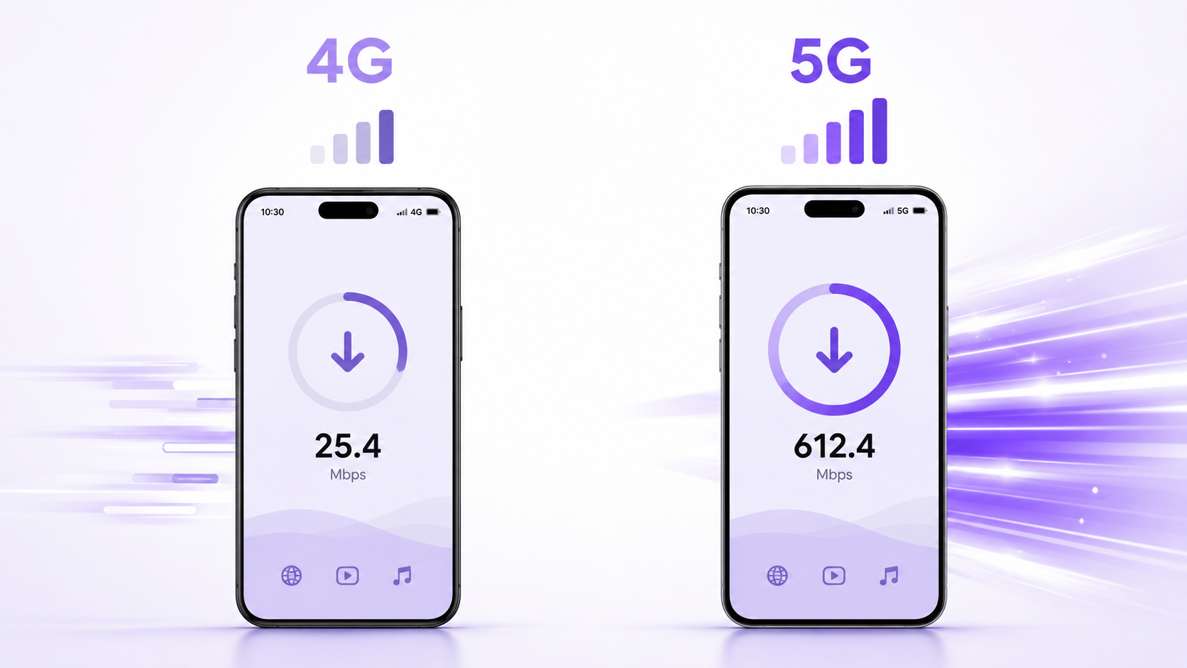 Imagem comparativa entre celular 4G e 5G mostrando diferença de velocidade