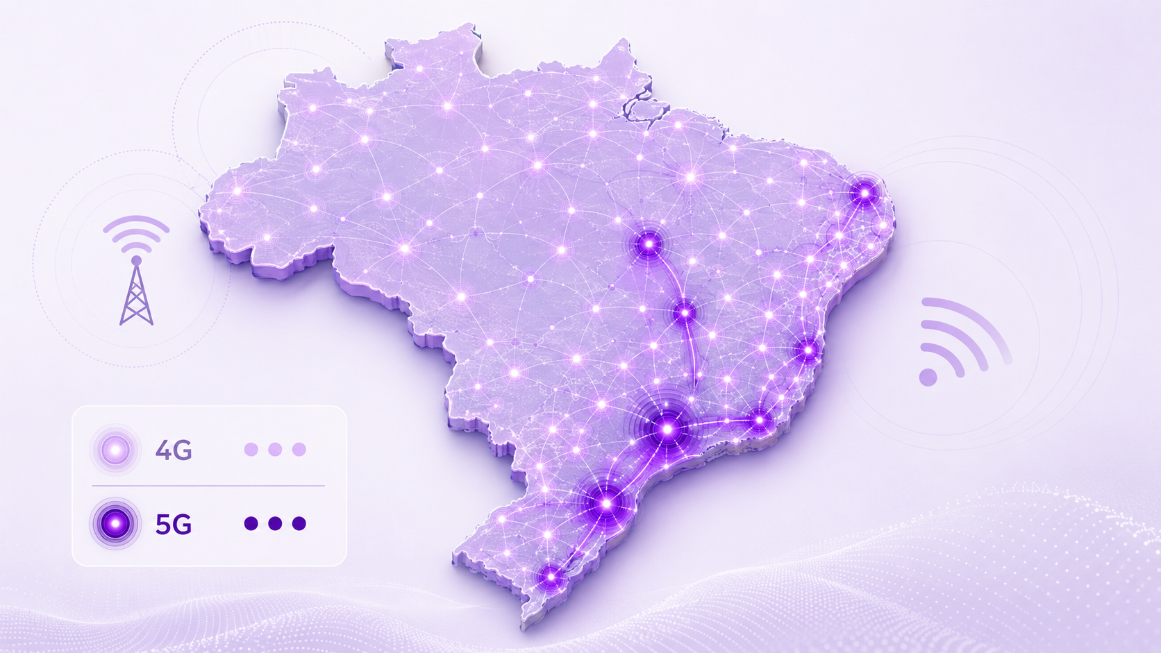Mapa abstrato do Brasil mostrando cobertura de rede 4G e 5G em 2026