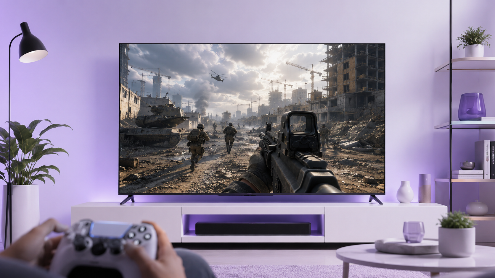 TVs para jogar videogame com PS5 Xbox e PC gamer em sala moderna