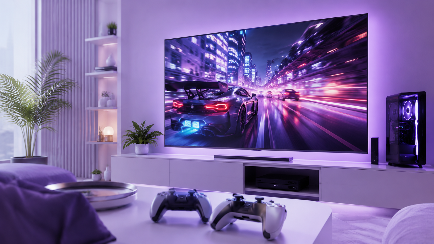 TV 120 Hz em sala moderna exibindo jogo de corrida com imagem fluida