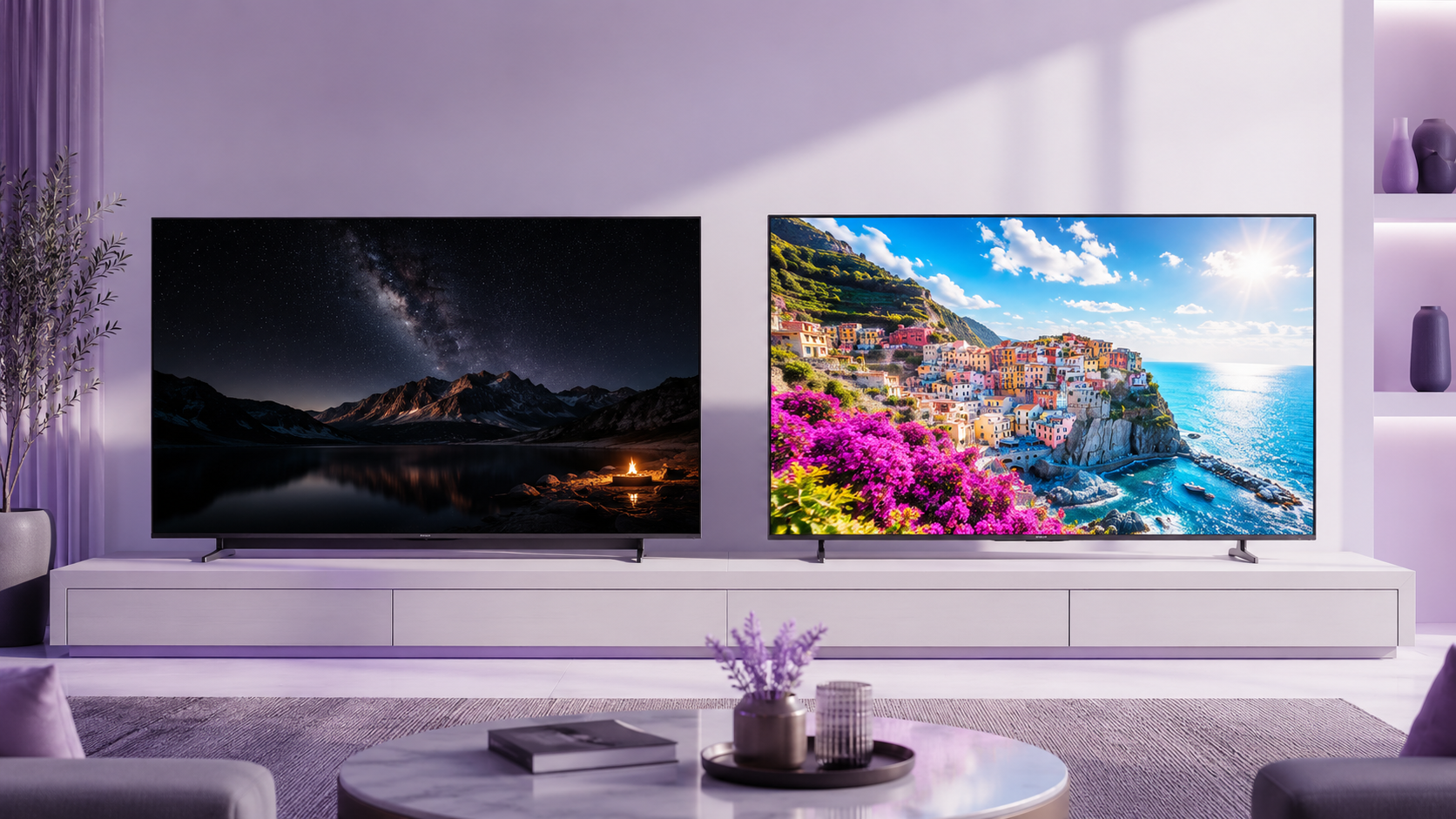 OLED ou QLED em comparação com duas TVs em sala moderna mostrando contraste e brilho