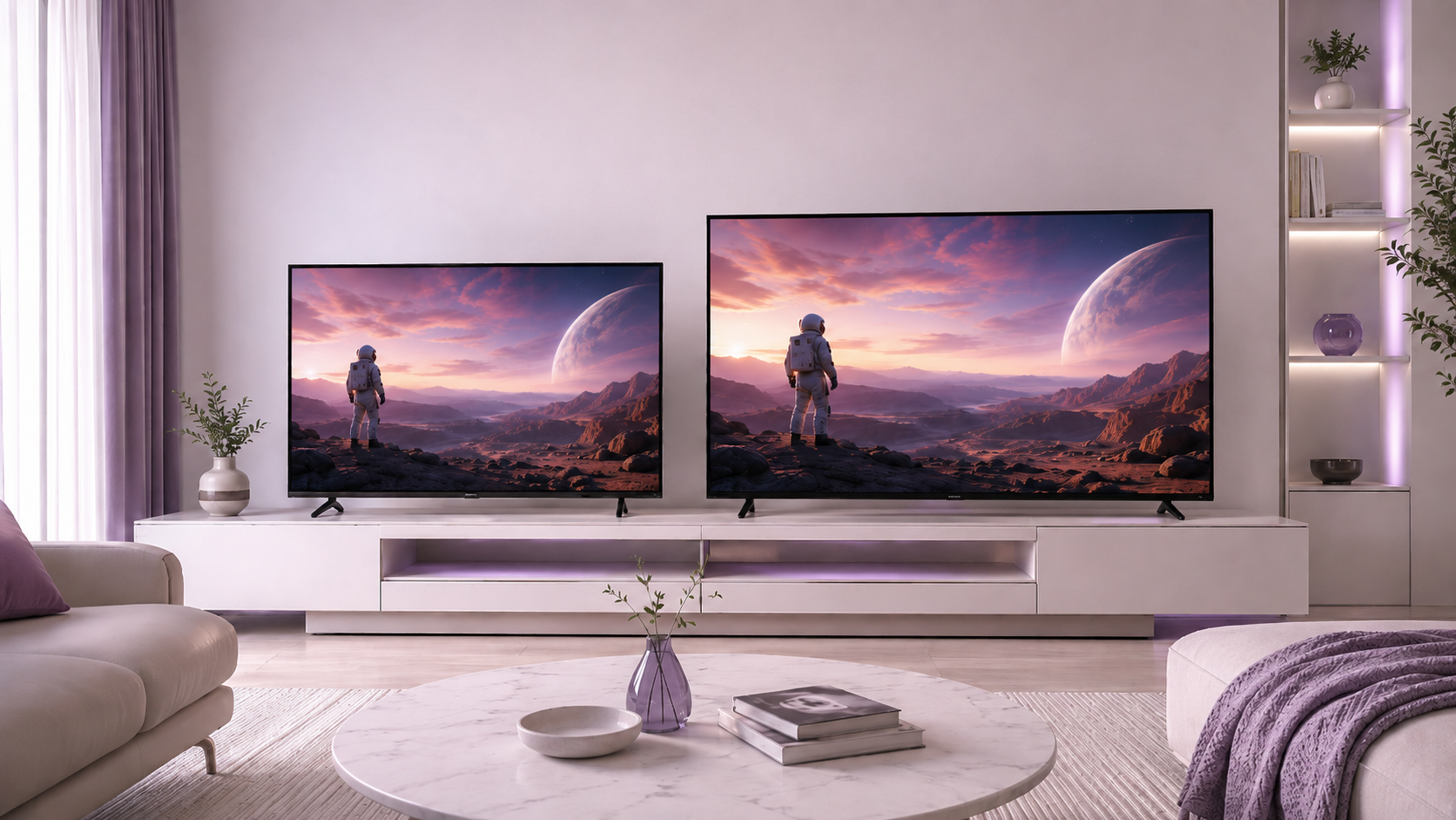 TV 55 ou 65 polegadas em sala moderna comparando dois tamanhos de tela
