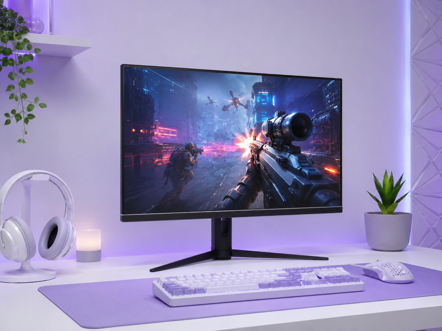 Monitor gamer em mesa com teclado e mouse para jogos competitivos
