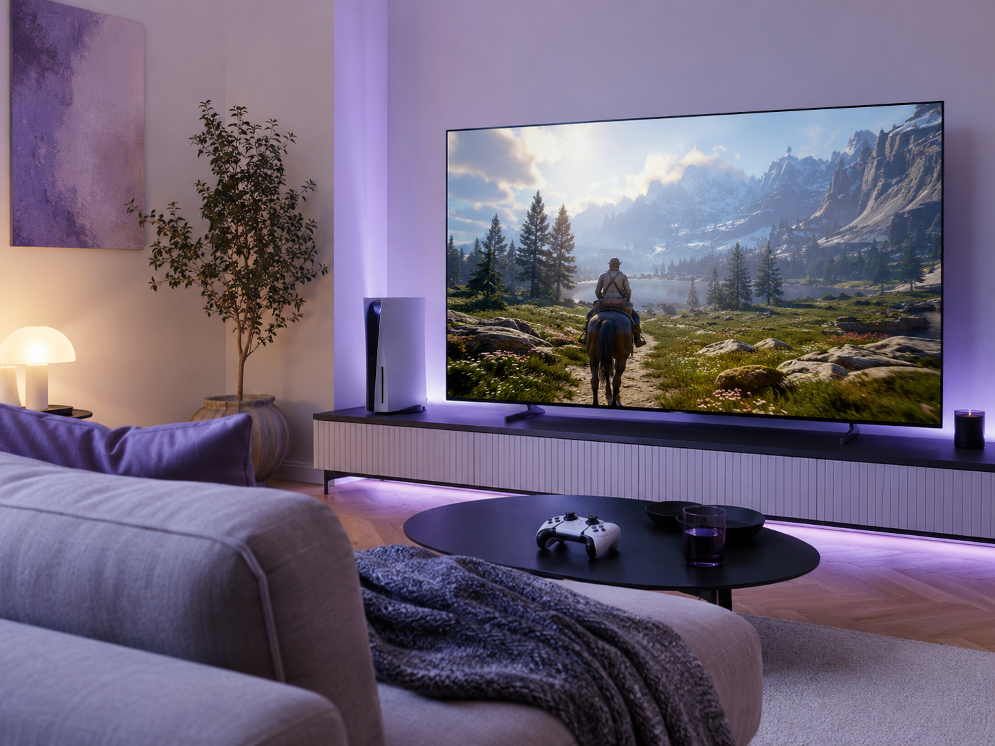 TV grande em sala moderna com controle de videogame para jogos no sofá