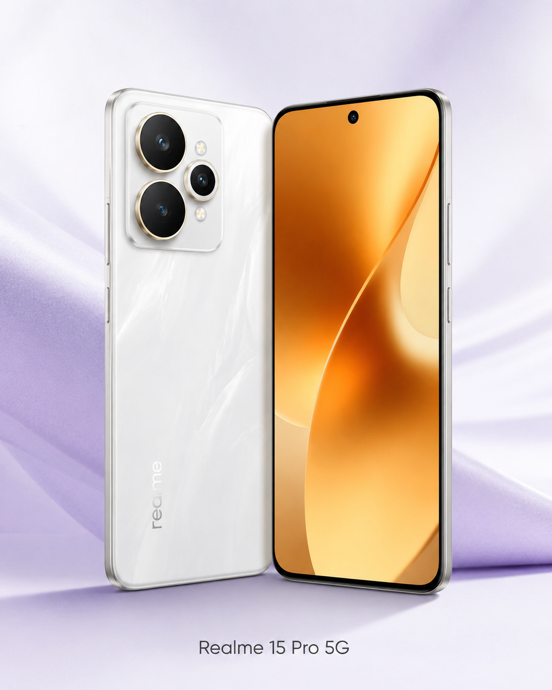 Realme 15 Pro 5G com bateria grande em fundo lavanda